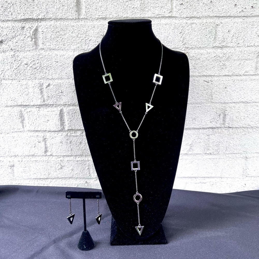 Geometric Gun-metal Chain Lariat Necklace & Earrings Set